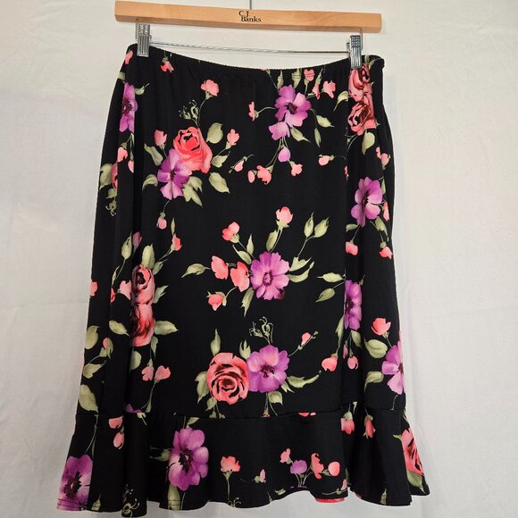 LAUREN SCOTT Women’s Career Casual Party Black Floral Print Poly Skirt Size 2X - Picture 1 of 5